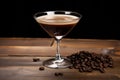 A tantalizing coffee-based drink in a glass, displayed on a dark, luxurious surface, embodying the essence of sensory