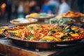 Authentic Paella Amidst Bustling Spanish Marketplace Vibrancy