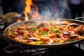 Authentic Paella Amidst Bustling Spanish Marketplace Vibrancy