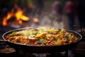 Authentic Paella Amidst Bustling Spanish Marketplace Vibrancy