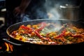 Authentic Paella Amidst Bustling Spanish Marketplace Vibrancy