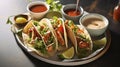 Tantalizing Fish Tacos - Plate with delicious fish tacos on table. Generative AI