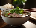 Closeup of a bowl of Vietnamese pho with delicious beef