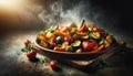 Sizzling Roasted Vegetables on Wooden Platter, Gourmet Dining Concept Royalty Free Stock Photo