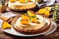 A tantalizing image featuring a delicious cold cheesecake with pineapple and biscuits.