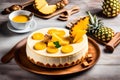 A tantalizing image featuring a delicious cold cheesecake with pineapple and biscuits.