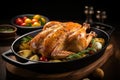 Tantalizing and mouthwatering roast chicken cooking to perfection in a sizzling hot pan