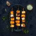 Tantalizing paneer tikka skewers with charred edges, a savory delight