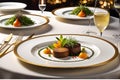 A tantalizing plate of gourmet cuisine from an upscale restaurant, dish centered, showcasing chef\'s precision and artistry