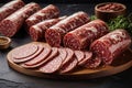 Thinly Sliced Milano salami set, on black dark stone table background