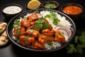 Tantalizing view Chicken tikka masala, basmati rice, Indian delicacies