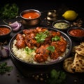 Tantalizing view Chicken tikka masala, basmati rice, Indian delicacies