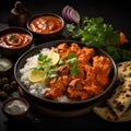 Tantalizing view Chicken tikka masala, basmati rice, Indian delicacies