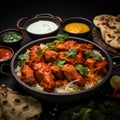 Tantalizing view Chicken tikka masala, basmati rice, Indian delicacies