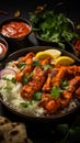 Tantalizing view Chicken tikka masala, basmati rice, Indian delicacies