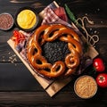 Delightful German Culinary Tradition: Sausages and Pretzels in a Flat Lay