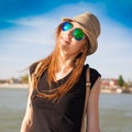 Tanya. tourist with hat blue sky Royalty Free Stock Photo