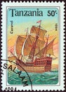 TANZANIA - CIRCA 1994: A stamp printed in Tanzania from the `Sailing Ships` issue shows a Caravel, circa 1994.