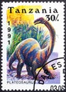 TANZANIA - CIRCA 1991: a stamp printed in Tanzania shows dinosaur Plateosaurus, circa 1991 Royalty Free Stock Photo