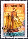 TANZANIA - CIRCA 1994: A stamp printed in Tanzania shows image of a ship, galeas, circa 1994 Royalty Free Stock Photo