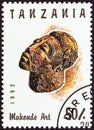 TANZANIA - CIRCA 1992: A stamp printed in Tanzania from the `Makonde Art` issue shows Carved Head, circa 1992.