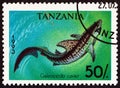 TANZANIA - CIRCA 1993: A stamp printed in Tanzania from the `Sharks` issue shows Tiger shark Galeocerdo cuvier Royalty Free Stock Photo