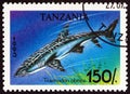 TANZANIA - CIRCA 1993: A stamp printed in Tanzania from the `Sharks` issue shows Whitetip reef shark Triaenodon obesus Royalty Free Stock Photo