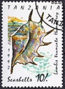 TANZANIA - CIRCA 1992: A stamp printed in Tanzania shows Giant Spider Conch Lambis truncata , Sea snails and mussels