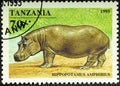 TANZANIA - CIRCA 1995: A stamp printed in Tanzania shows Hippopotamus amphibious or hippo, series, circa 1995