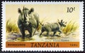 TANZANIA - CIRCA 1985: A stamp printed in Tanzania shows Rhinoceros , Animals serie. CIRCA 1985.