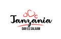 Tanzania country with red love heart and its capital Dar es Salaam creative typography logo design