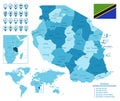 Tanzania detailed administrative blue map with country flag and location on the world map.