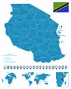 Tanzania - detailed blue country map with cities, regions, location on world map and globe. Infographic icons
