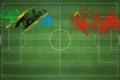 Tanzania vs China Soccer Match, national colors, national flags, soccer field, football game, Copy space