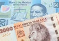 Tanzanian money with a Mexican peso banknote in macro