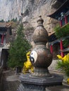 Taoist Sign in Mianshan Mountain the World Heritage Site, Many of Ancient Hanging Taoist Temples and caves. Pingyao Ancient City,