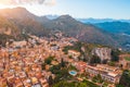 Taormina is a city on the island of Sicily, Italy. Aerial view from above in the evening at sunset light Royalty Free Stock Photo