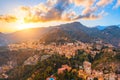 Taormina is a city on the island of Sicily, Italy. Aerial view from above in the evening at sunset Royalty Free Stock Photo