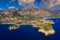 Taormina is a city on the island of Sicily, Italy. Mount Etna over Taormina cityscape, Messina, Sicily. View of Taormina located Royalty Free Stock Photo