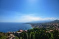 Taormina, Italy, Sicily August 26 2015. The splendid panorama from the Greek theater Royalty Free Stock Photo