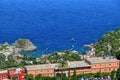 Taormina, Italy, Sicily August 26 2015. The splendid panorama from the Greek theater Royalty Free Stock Photo