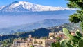 Taormina - Luxury San Domenico Palace Hotel with panoramic view on snow capped Mount Etna volcano in Taormina, Sicily Royalty Free Stock Photo