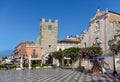 Taormina main square with San Giuseppe Church and the Clock Tower - Taormina, Sicily, Italy Royalty Free Stock Photo