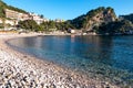 Taormina - Panoramic view from beach Spiaggia di Isola Bella on Grotta Azzurra peninsula in Taormina, Sicily, Italy, Europe, EU.