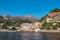 Taormina - Panoramic view from open sea on the Mediterranean coastline near Isola Bella in Taormina, Sicily, Italy, Europe,