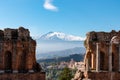 Taormina - Panoramic view of snow capped Mount Etna volcano seen from the ancient Greek theatre of Taormina, island Sicily, Italy Royalty Free Stock Photo