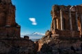 Taormina - Panoramic view of snow capped Mount Etna volcano seen from the ancient Greek theatre of Taormina, island Sicily, Italy Royalty Free Stock Photo