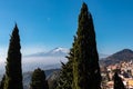 Taormina - Panoramic view of snow capped Mount Etna volcano from Taormina, Sicily, Italy, Europe, EU Royalty Free Stock Photo