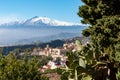 Taormina - Panoramic view of snow capped Mount Etna volcano from Taormina, Sicily, Italy, Europe, EU Royalty Free Stock Photo