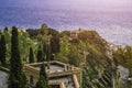 Taormina, Sicily - Beautiful view of the famous hilltop town of Taormina with mediterranean sea Royalty Free Stock Photo